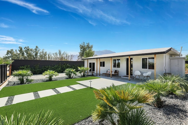 rear view of house featuring a patio area and a yard