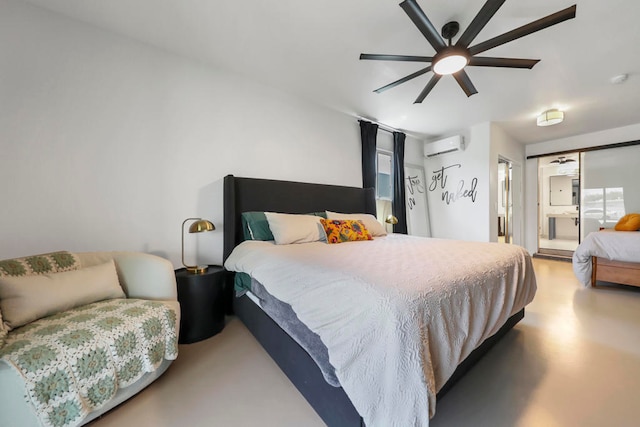 bedroom featuring ceiling fan, concrete floors, and an AC wall unit