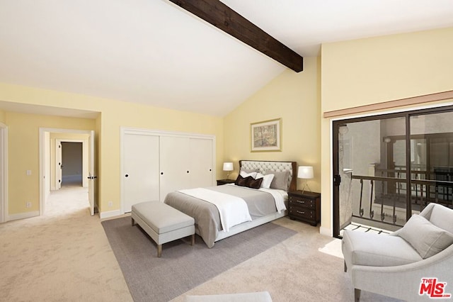 carpeted bedroom featuring beam ceiling, access to exterior, a closet, and high vaulted ceiling