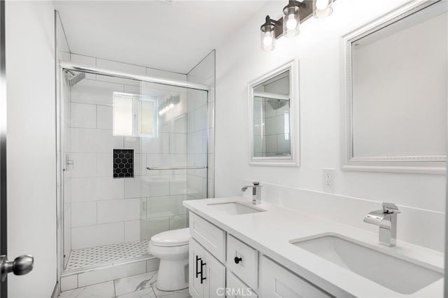 bathroom with vanity, an enclosed shower, and toilet