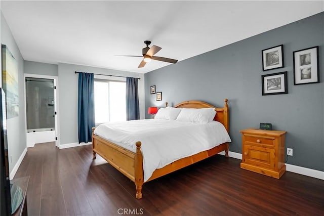 bedroom featuring ceiling fan and dark wood-type flooring