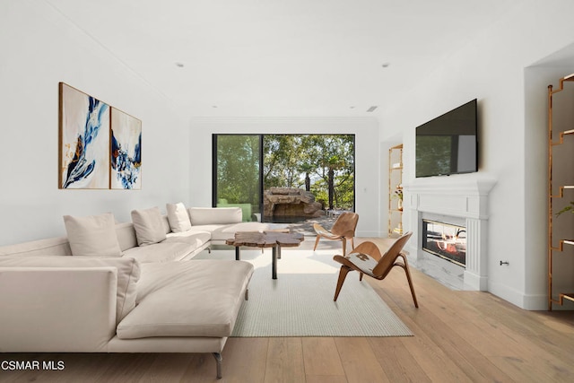 living room with crown molding and light hardwood / wood-style flooring