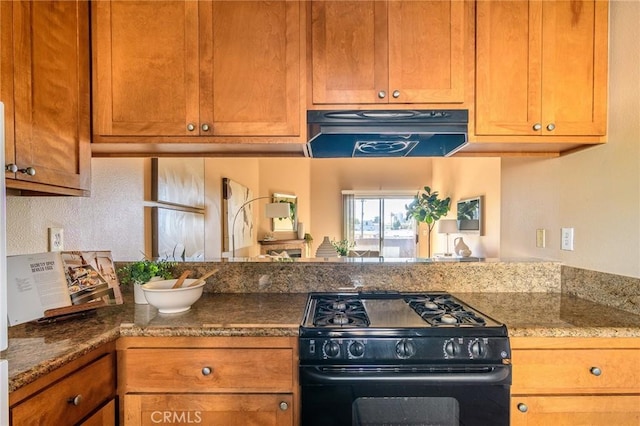 kitchen with ventilation hood, dark stone countertops, and black range with gas cooktop