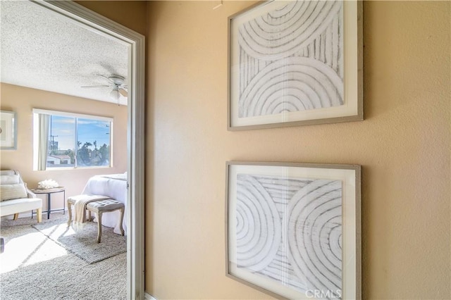 interior space with ceiling fan, carpet floors, and a textured ceiling