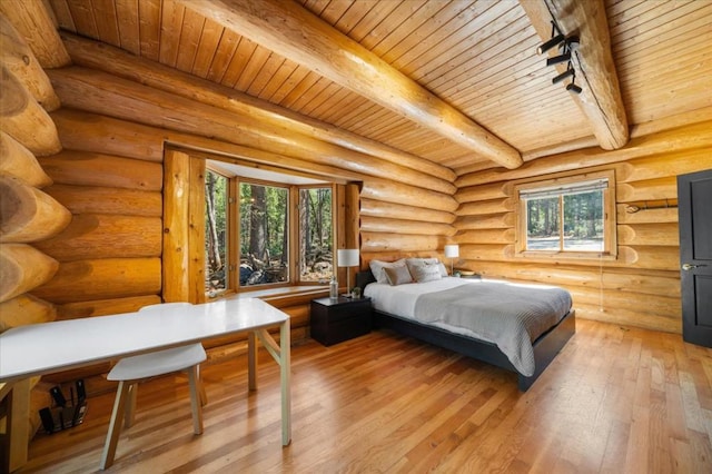 bedroom with wood ceiling, beam ceiling, and log walls