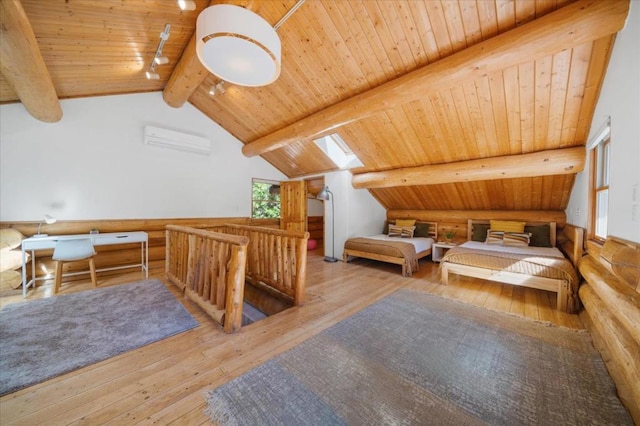 bedroom with lofted ceiling with skylight, wood ceiling, hardwood / wood-style floors, and an AC wall unit