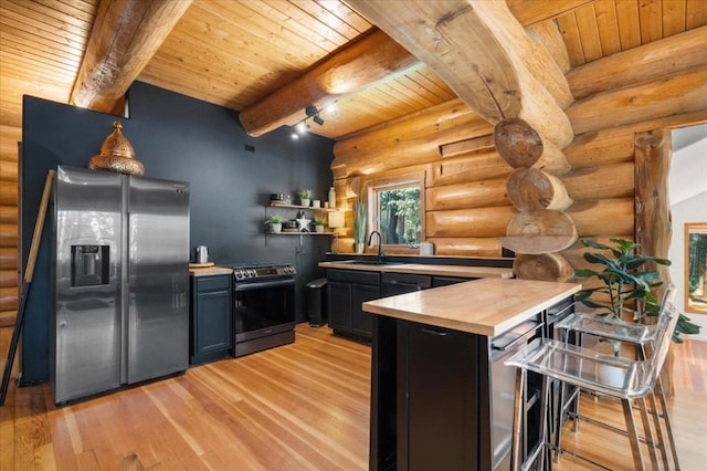 kitchen with wood ceiling, beamed ceiling, appliances with stainless steel finishes, and light wood-type flooring