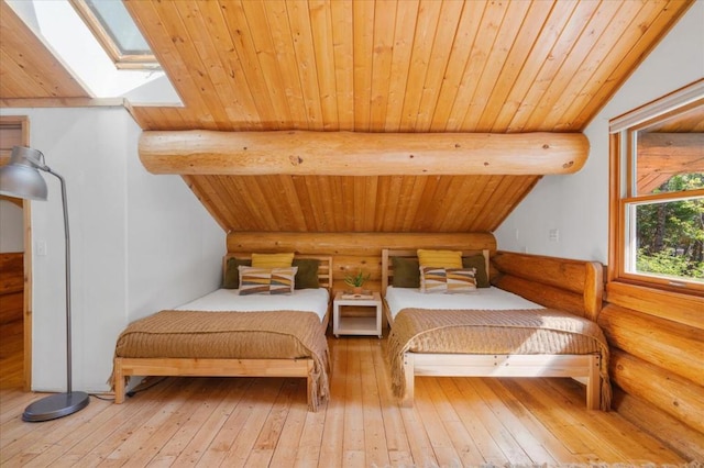 bedroom featuring vaulted ceiling with skylight, hardwood / wood-style floors, and wooden ceiling