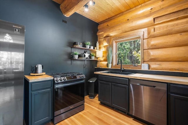 kitchen with wood ceiling, sink, light hardwood / wood-style floors, rustic walls, and appliances with stainless steel finishes