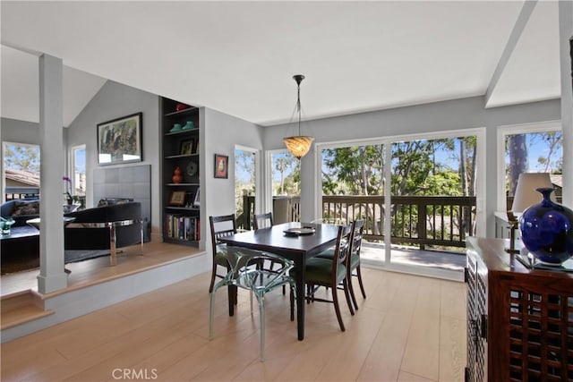 dining room featuring light hardwood / wood-style floors and lofted ceiling