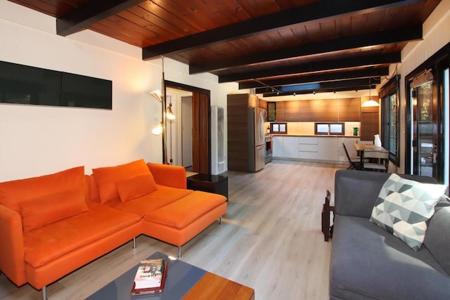 living room featuring beamed ceiling, wooden ceiling, and light wood-type flooring