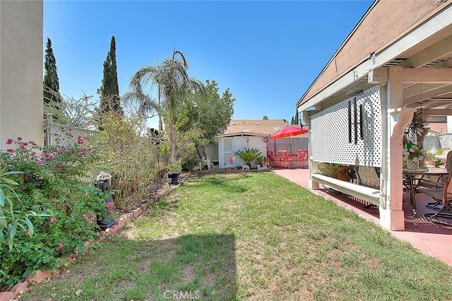 view of yard with a storage shed and a patio area