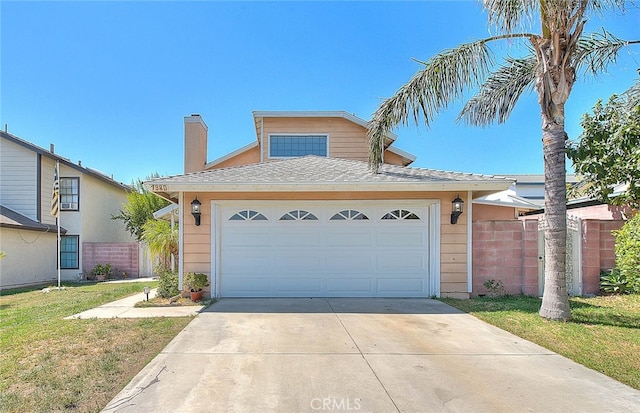 view of front of home with a front lawn and a garage