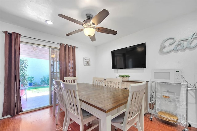 dining space featuring hardwood / wood-style floors and ceiling fan