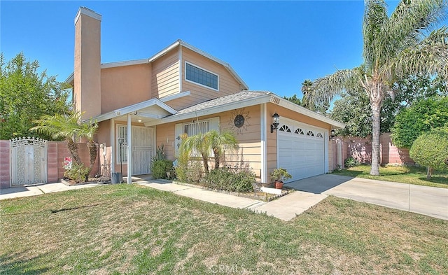 view of front facade with a front yard and a garage