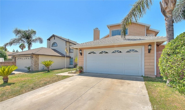 view of front of home with a front yard and a garage