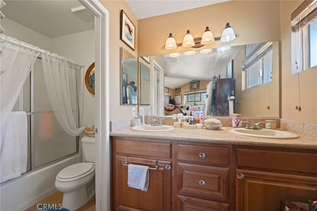 full bathroom with vanity, lofted ceiling, shower / tub combo, and toilet