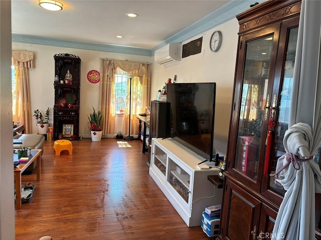 interior space featuring a wall mounted AC, dark wood-type flooring, and crown molding