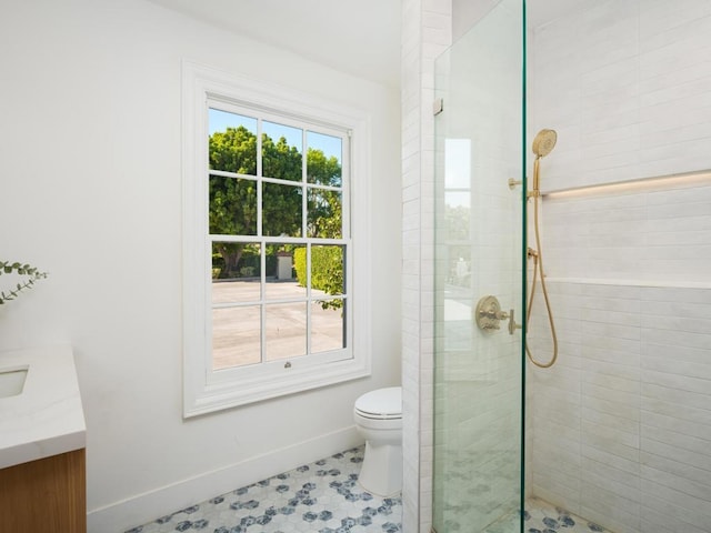 bathroom featuring toilet, an enclosed shower, and vanity