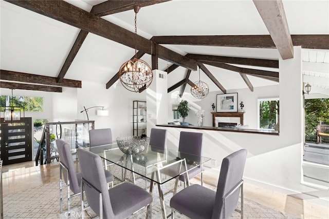 dining space with lofted ceiling with beams and an inviting chandelier