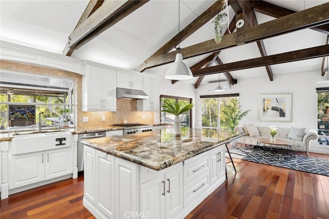 kitchen featuring a center island, dark hardwood / wood-style floors, light stone counters, white cabinetry, and stainless steel appliances