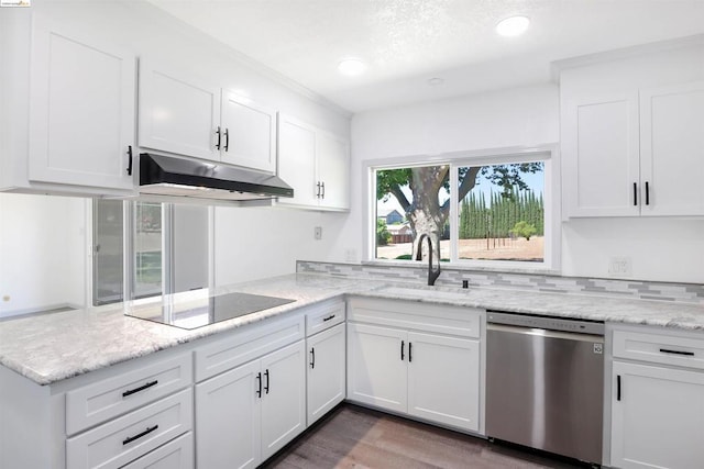 kitchen featuring dark hardwood / wood-style flooring, stainless steel dishwasher, black electric cooktop, sink, and white cabinets