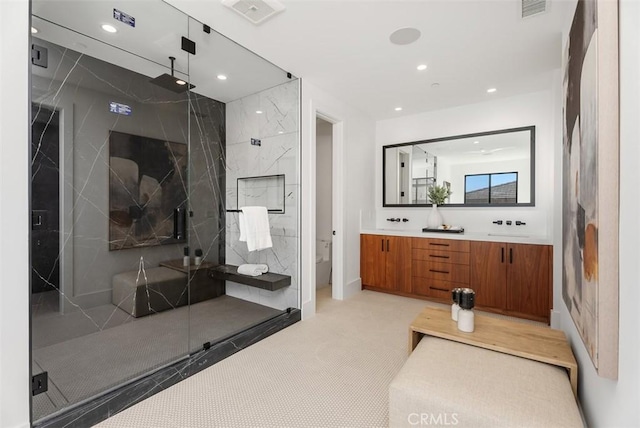 32531 Azores Rd, Dana Point, CA 92629 - bathroom featuring a marble finish shower, toilet, recessed lighting, and double vanity