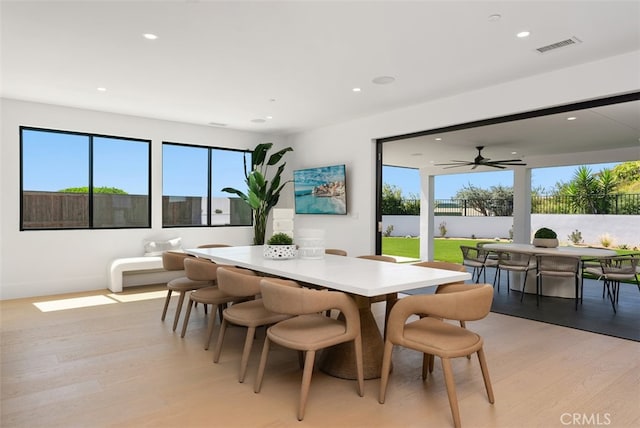 dining room featuring light hardwood / wood-style flooring, a wealth of natural light, and ceiling fan