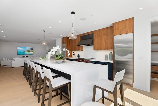 kitchen featuring an island with sink, decorative light fixtures, light hardwood / wood-style flooring, ventilation hood, and stainless steel appliances