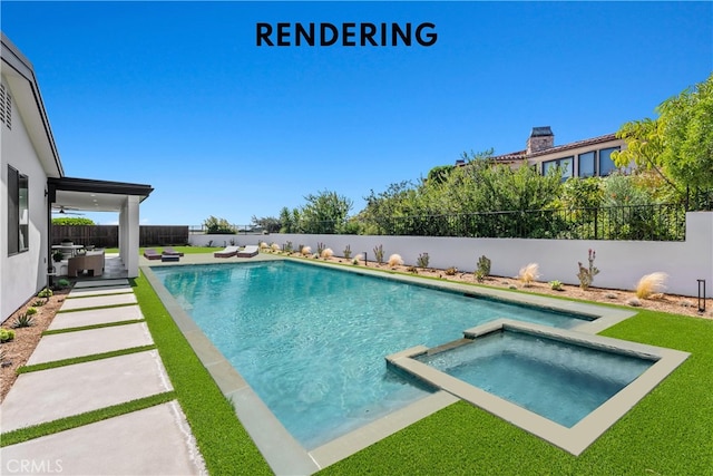 view of swimming pool featuring a lawn, an in ground hot tub, and a patio area