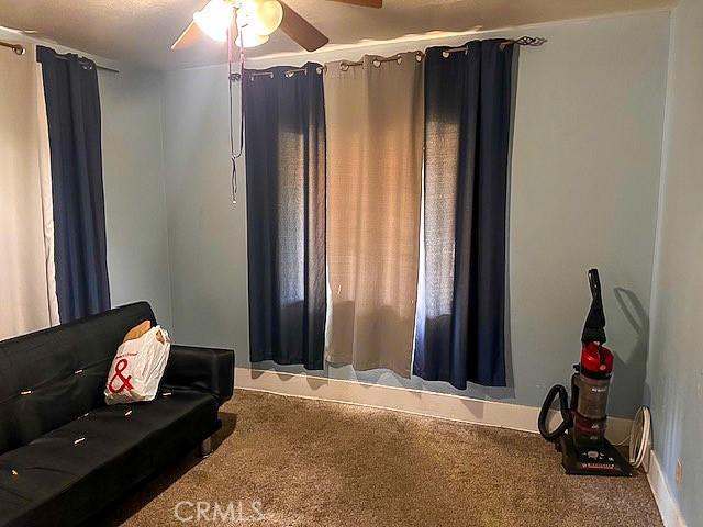 living area with carpet flooring and ceiling fan