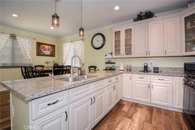 kitchen with pendant lighting, ornamental molding, sink, kitchen peninsula, and light hardwood / wood-style floors