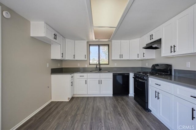 kitchen featuring white cabinetry, sink, dark wood-type flooring, and black appliances