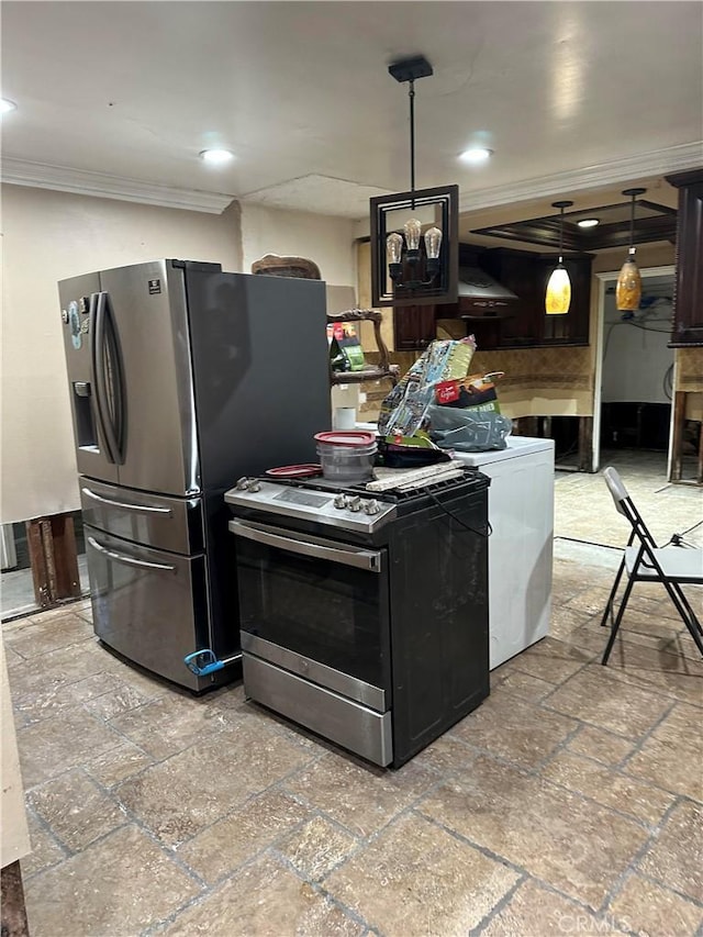13000 Lull St, North Hollywood, CA 91605 - kitchen featuring appliances with stainless steel finishes, ornamental molding, and hanging light fixtures