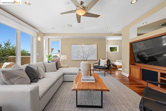 living room featuring ceiling fan and dark hardwood / wood-style floors