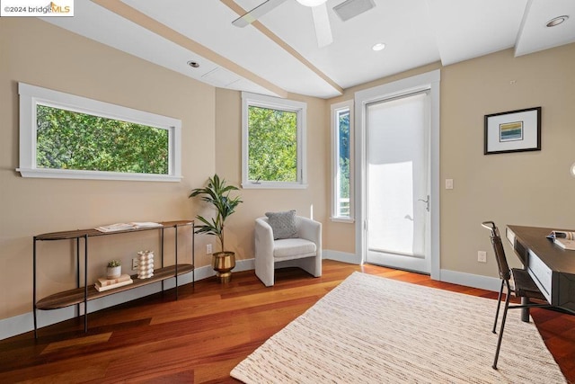 sitting room featuring ceiling fan and hardwood / wood-style floors