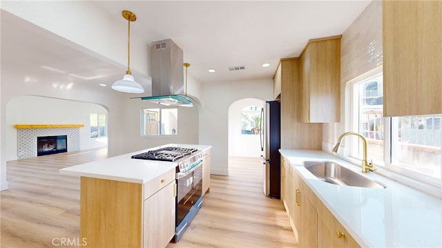 kitchen with light hardwood / wood-style floors, a tile fireplace, island range hood, stainless steel appliances, and sink