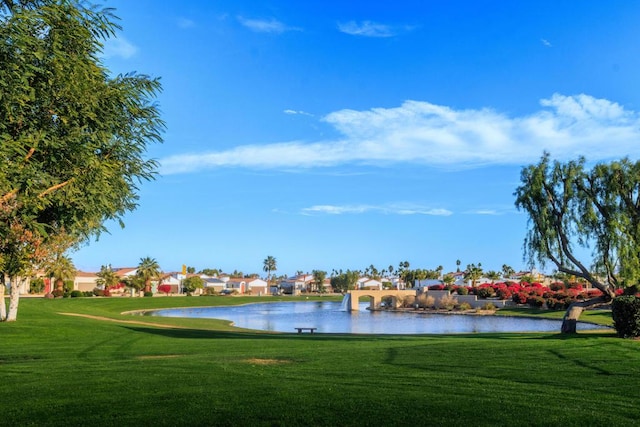 view of property's community with a water view and a yard