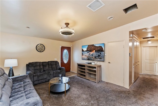 carpeted living room featuring vaulted ceiling