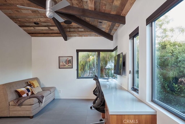 home office featuring ceiling fan, wood ceiling, and lofted ceiling with beams