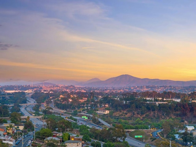 aerial view at dusk with a mountain view