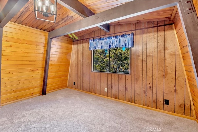 empty room featuring carpet flooring, lofted ceiling with beams, and wood walls