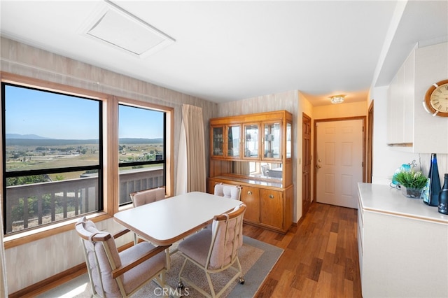 dining space featuring dark wood-type flooring and a mountain view