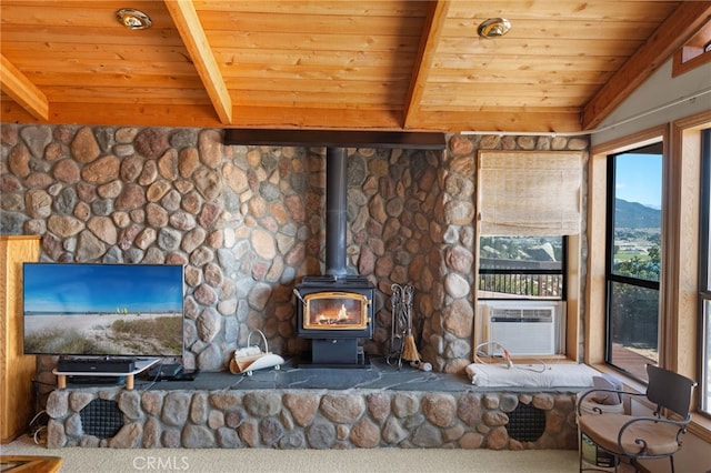 details featuring beam ceiling, wood ceiling, a mountain view, and a wood stove