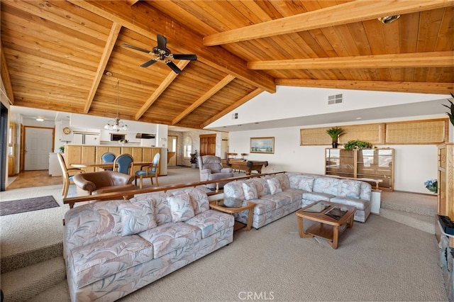 living room featuring beam ceiling, light carpet, wood ceiling, and high vaulted ceiling