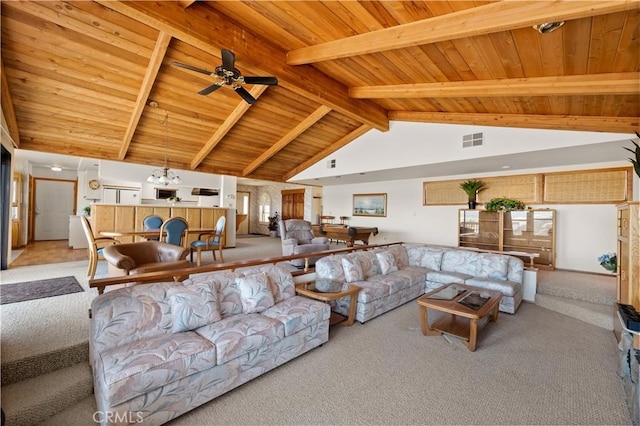 carpeted living room with high vaulted ceiling, wooden ceiling, ceiling fan, and beamed ceiling