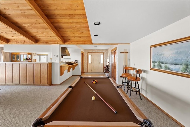 rec room featuring carpet flooring, wood ceiling, pool table, and beamed ceiling