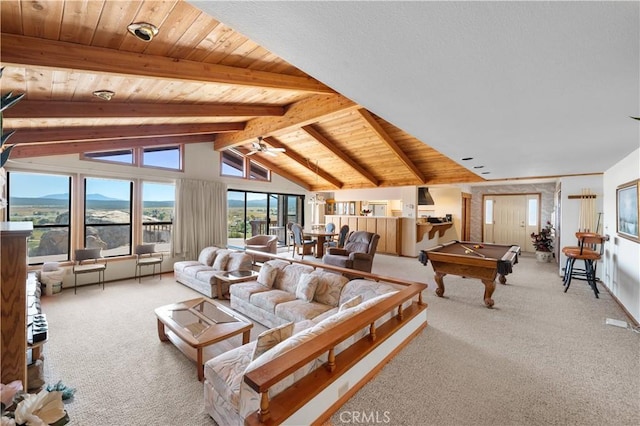 carpeted living room with wood ceiling, ceiling fan, billiards, high vaulted ceiling, and beam ceiling