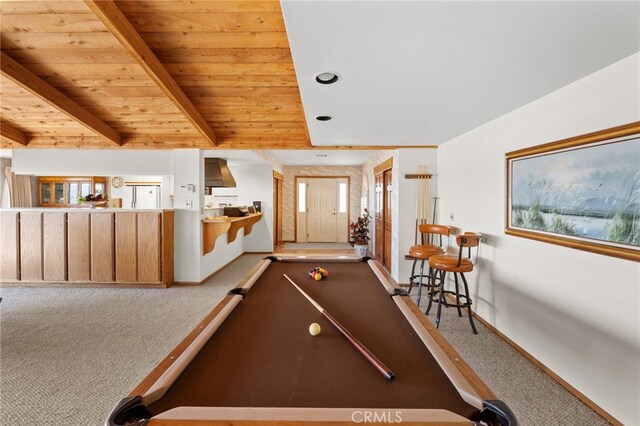 playroom featuring wooden ceiling, carpet flooring, beam ceiling, and billiards