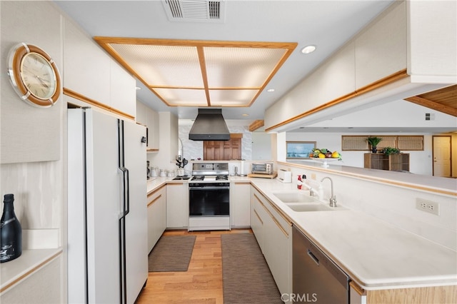 kitchen featuring white appliances, white cabinets, extractor fan, light hardwood / wood-style floors, and sink